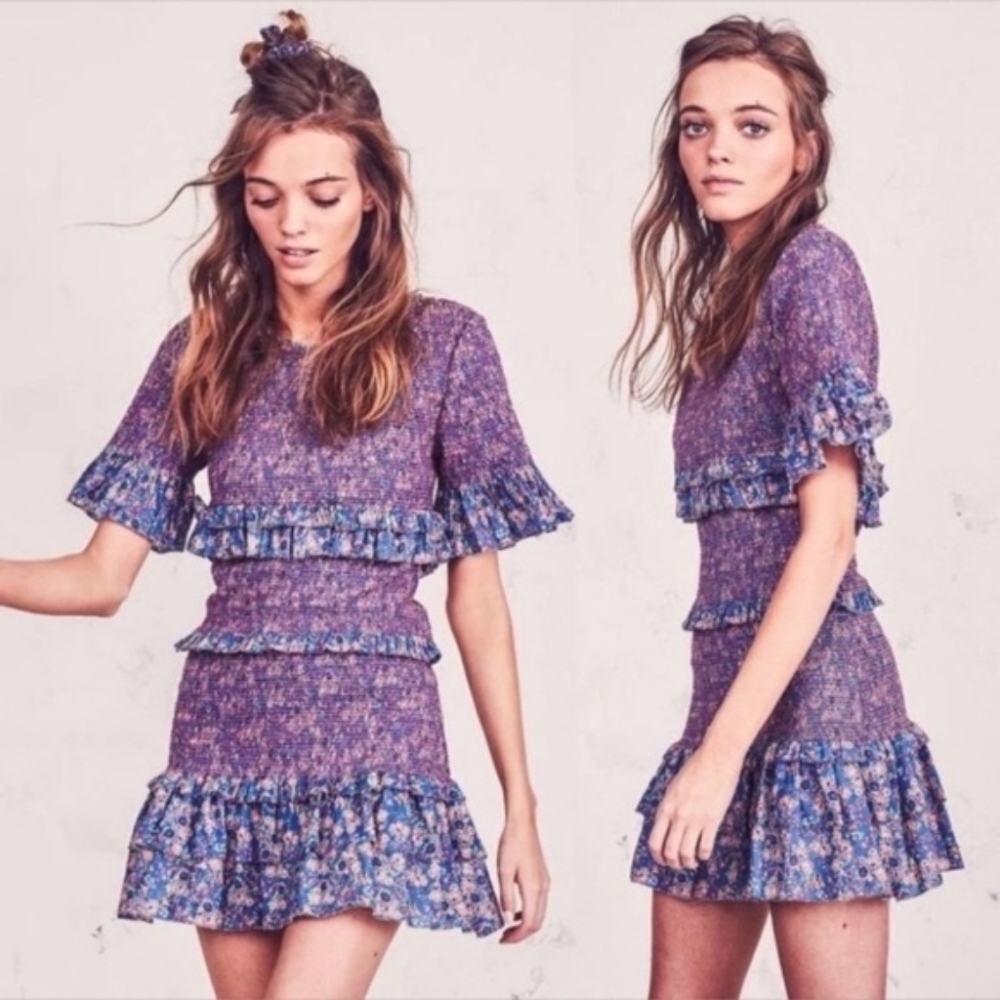 Loveshackfancy Aveline smocked ruffle mini dress sexy cute S